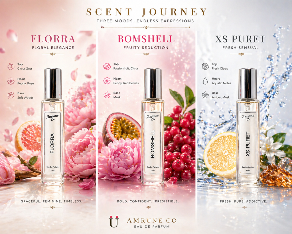 Amrune Co. Amethyst Bloom Vol-1 | Luxury Women's EDP Gift Set 3 x 15ml | Florra, Bomshell, Xs Puret | Floral Fruity Sweet | Long Lasting Perfume