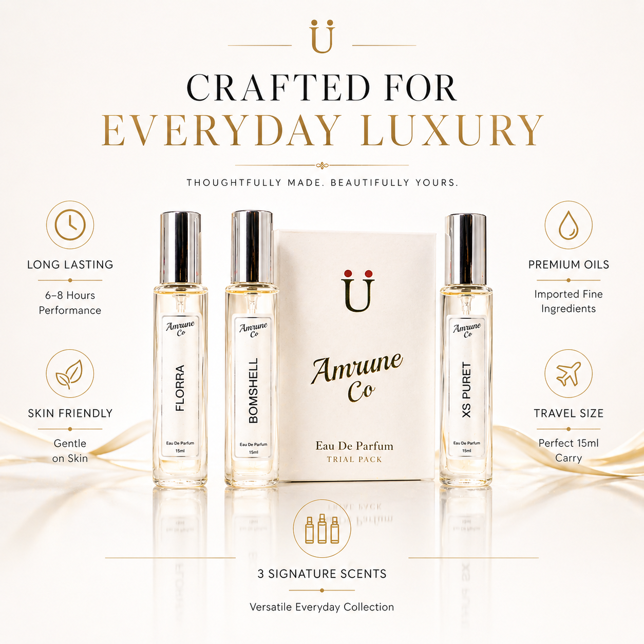 Amrune Co. Amethyst Bloom Vol-1 | Luxury Women's EDP Gift Set 3 x 15ml | Florra, Bomshell, Xs Puret | Floral Fruity Sweet | Long Lasting Perfume