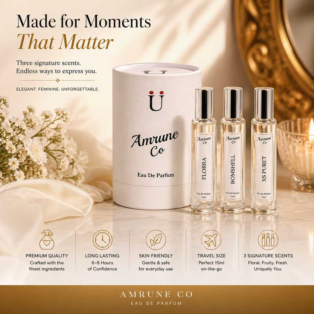 Amrune Co. Amethyst Bloom Vol-1 | Luxury Women's EDP Gift Set 3 x 15ml | Florra, Bomshell, Xs Puret | Floral Fruity Sweet | Long Lasting Perfume