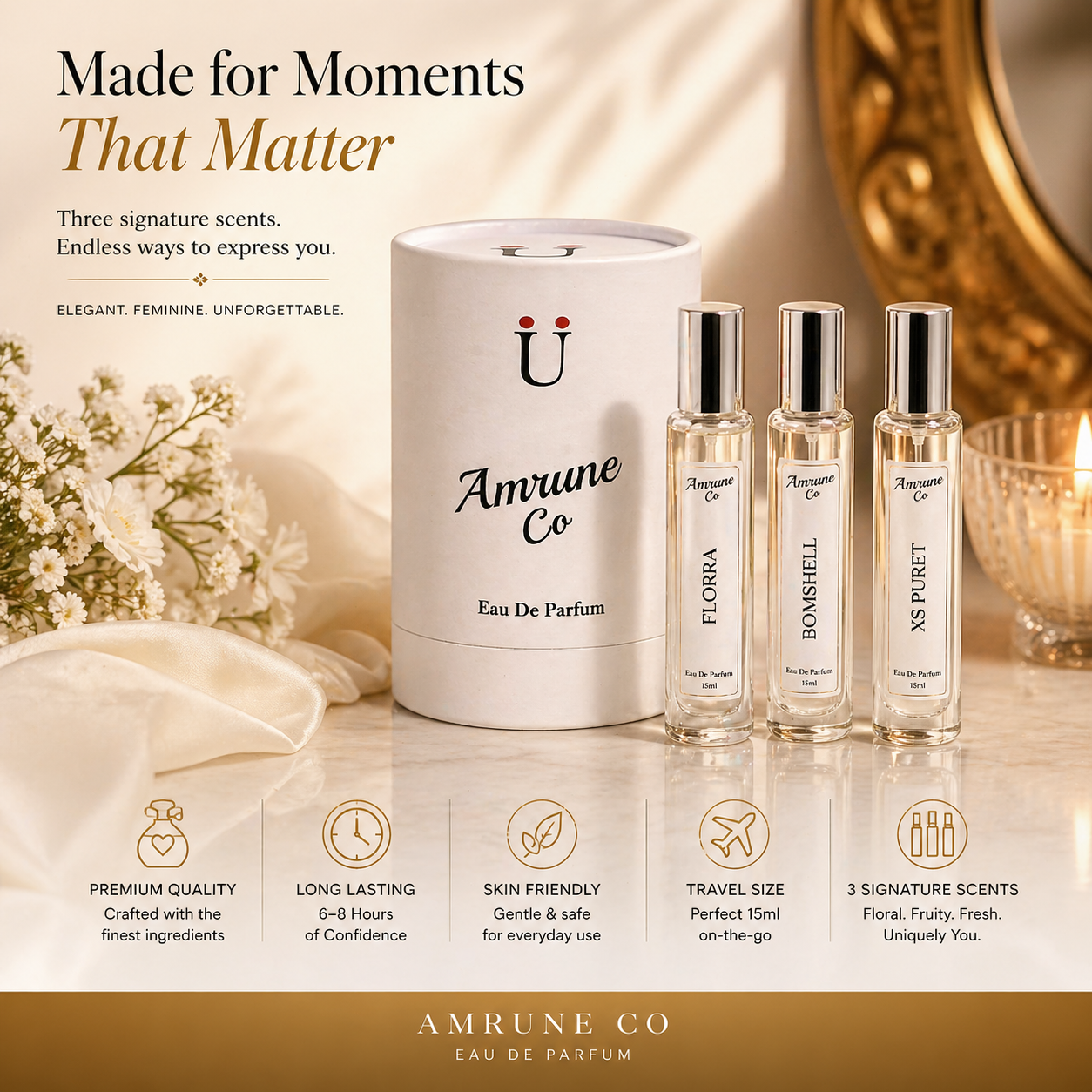 Amrune Co. Amethyst Bloom Vol-1 | Luxury Women's EDP Gift Set 3 x 15ml | Florra, Bomshell, Xs Puret | Floral Fruity Sweet | Long Lasting Perfume